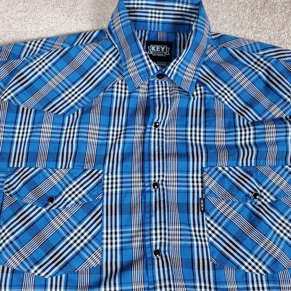 KEY‎ Western Shirt Men's Size XLR Pearl Snaps Blue Black Plaid Long Sleeve